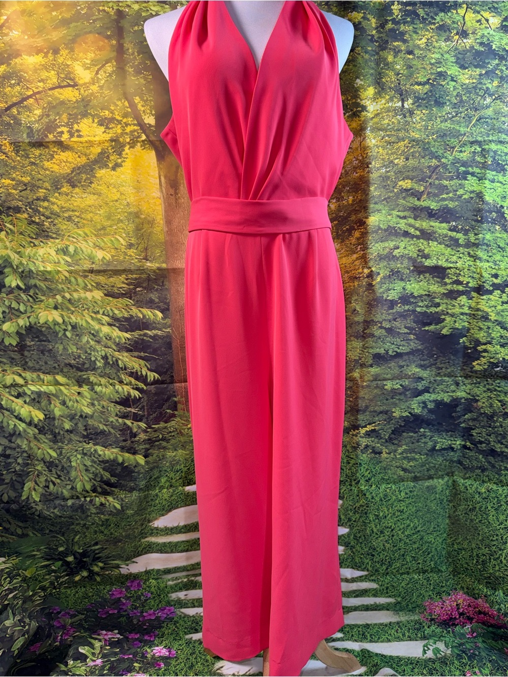 948-Halter V-Neck Wide-Leg Jumpsuit in Coral